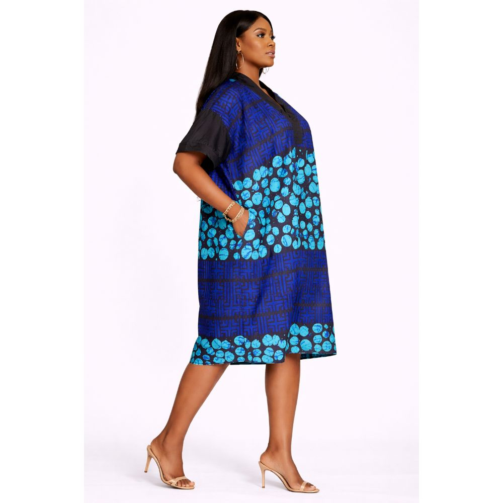 Blue Patterned Short Sleeve Kaftan Top